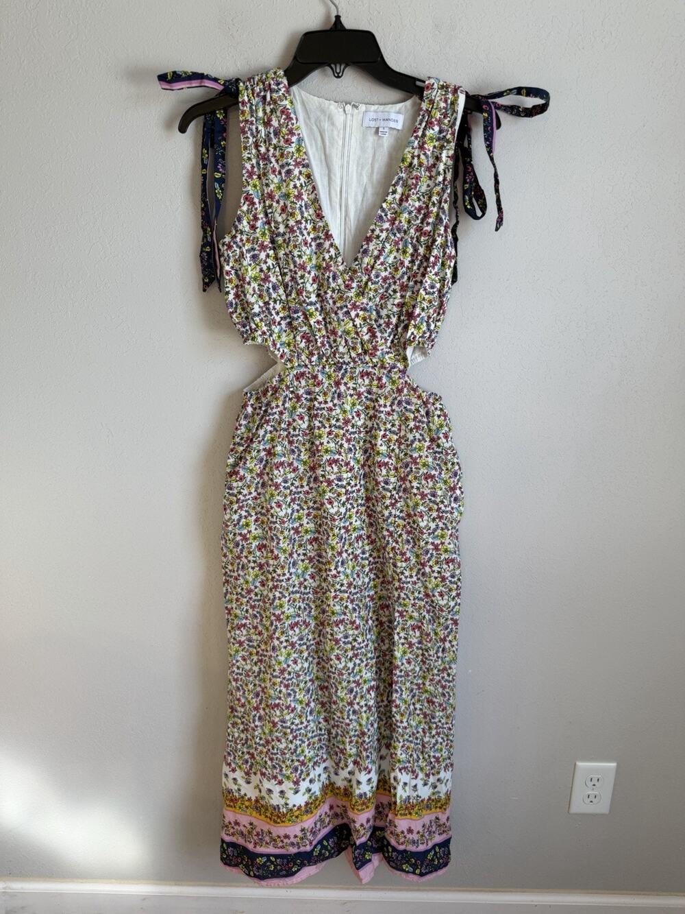 Lost + Wonder White Pink Floral Cut Out Sides Tie Tank Sleeve Midi Dress Women S